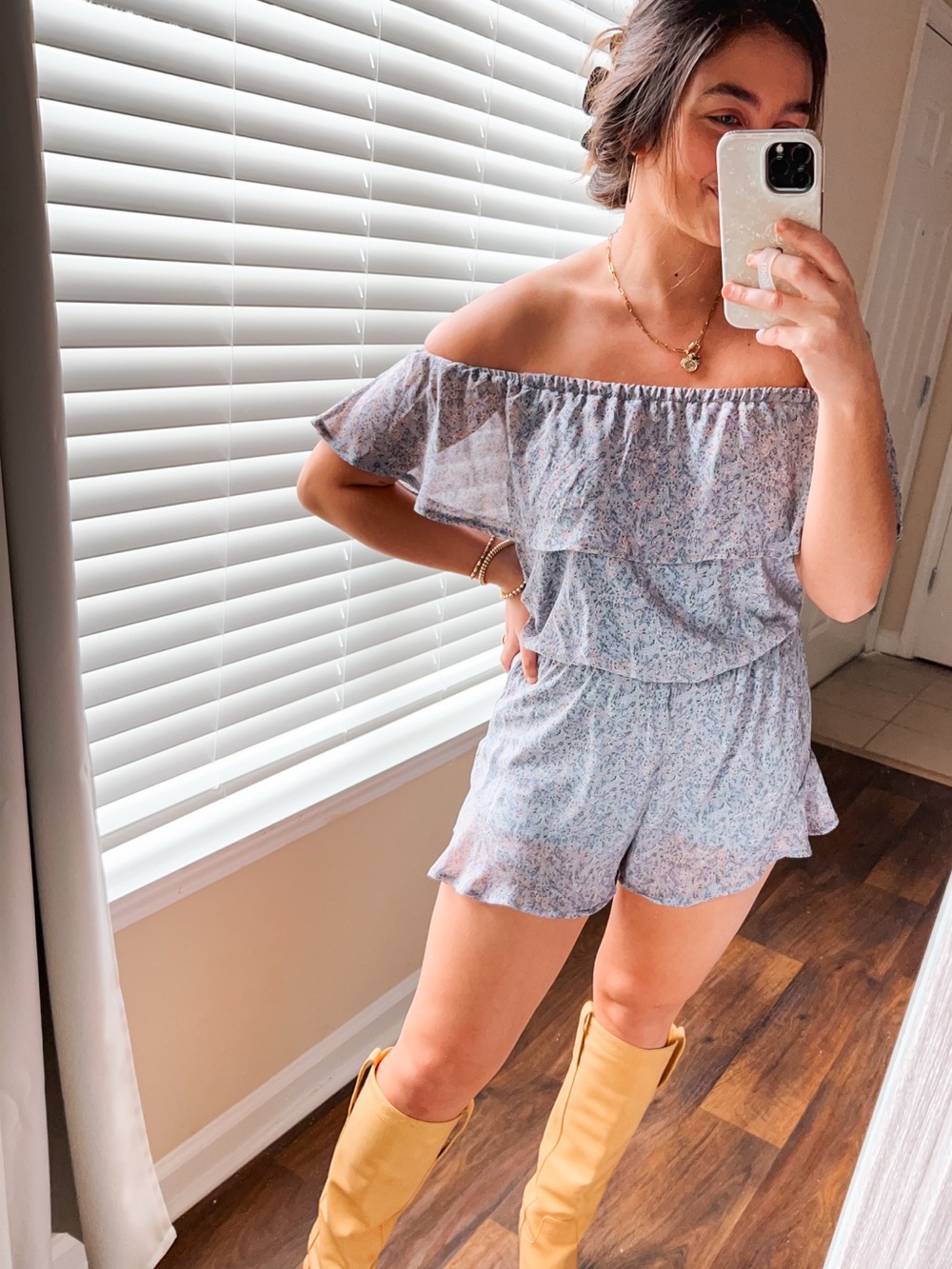 (she + sky) periwinkle blue purple floral ruffle off shoulder romper size M